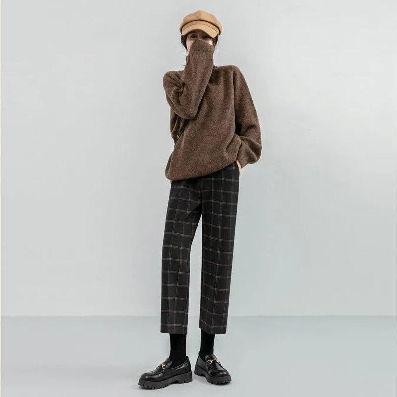 Winter Women Plaid Plus Size Woolen Straight Trousers Female High Waist Loose England Style Ankle-length Pants