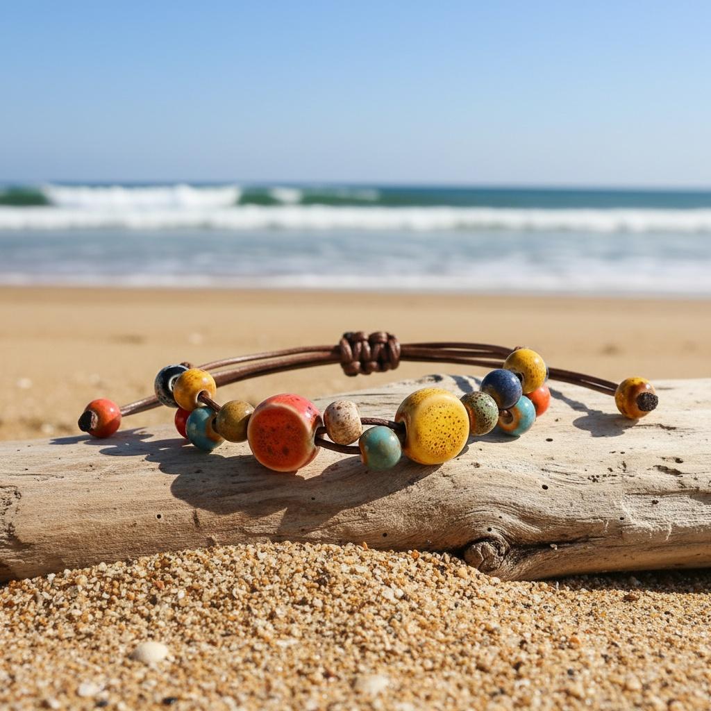 1pc Vintage Bohemian Colorful Ceramic Beaded Bracelet, Handmade Adjustable Length Women'S Bracelet, Suitable for Daily Wear