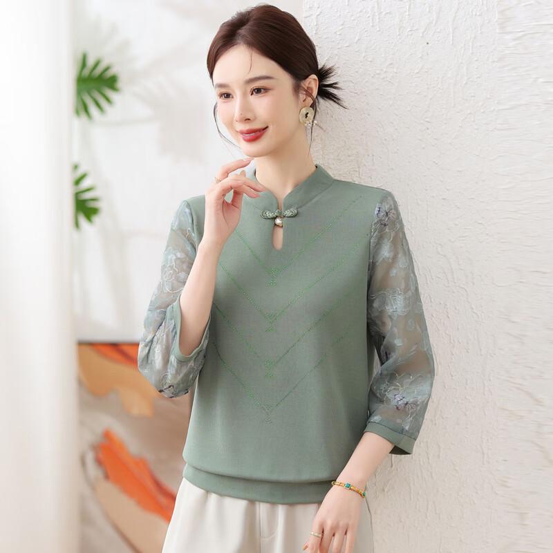 Hengyuanxiang Elegant Floral Three-Quarter Sleeve Women's Ice Silk Blouse