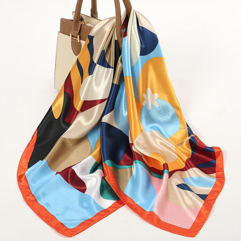 

Модный платок на голову Сатиновый квадратный шарф для женщин Шейный платок Женский шелковый платок Фуляр Хиджаб Повязка на голову Резинки для волос Бандана 90x90cm