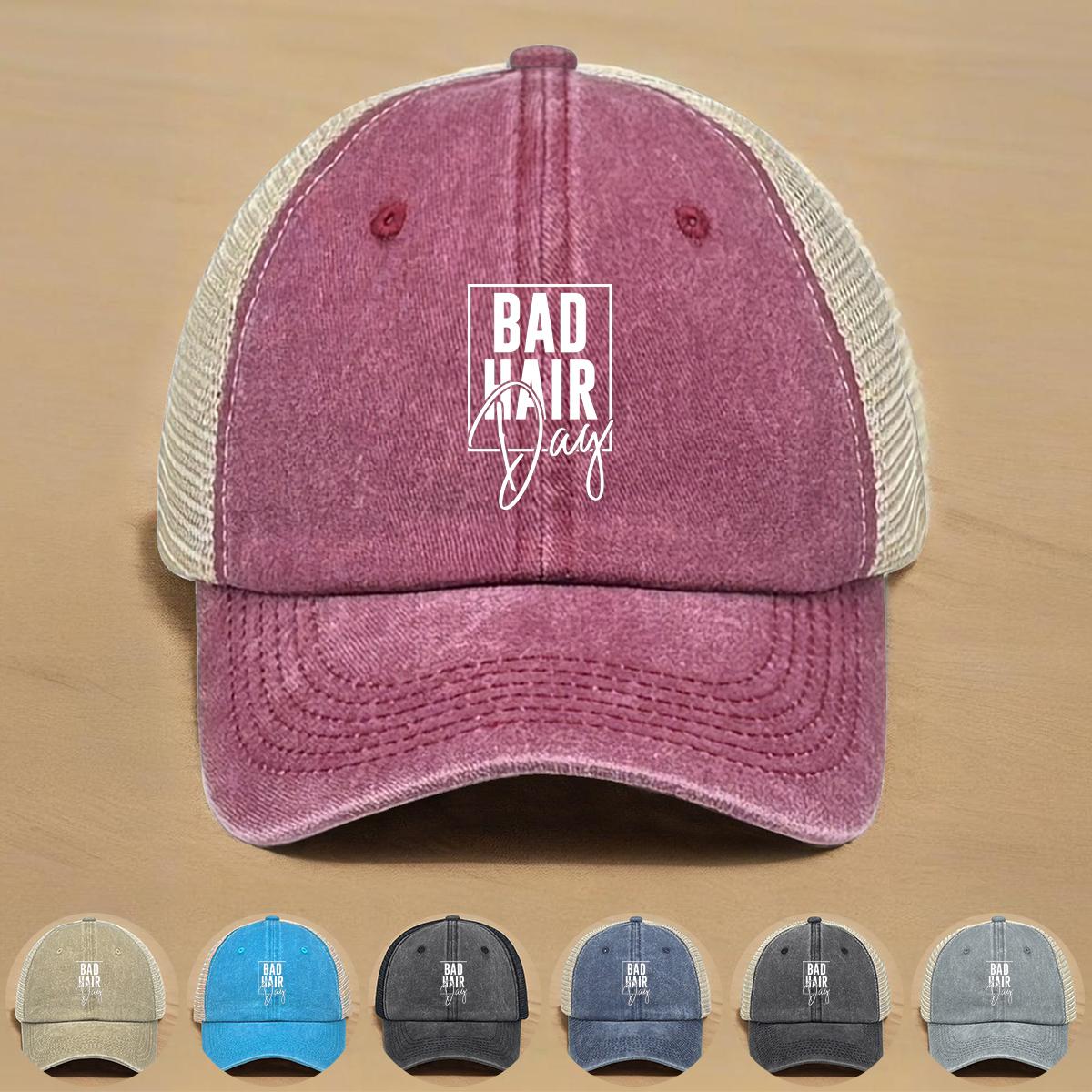 

BAD HAIR Day Print Adjustable Baseball Hat, White Text Dad Hat Unisex Solid Color Summer Polyester Snapback Baseball Cap as the picture вина червоного кольору