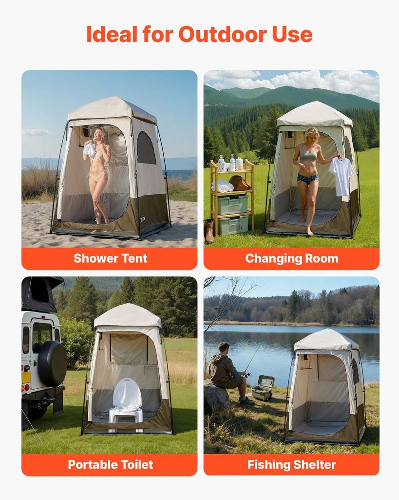Camping Shower Tent, 1 Room, Foldable Privacy Tent Changing Room with Ground Stakes, Ropes, Carry Bag, and Crossbar, 210D Oxford Fabric with Silver