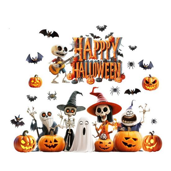 Halloween Window Cling Waterproof PVC Guitar Skeleton Ghost Pumpkin Spider Bat Static Glass Sticker Holiday Party Decoration Decal