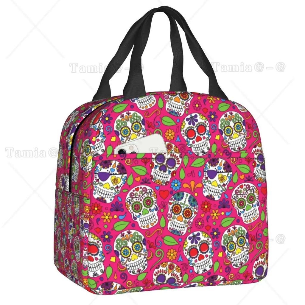 Day Of The Dead Kitten Cat Sugar Skull Lunch Box Multifunction Mexican Halloween Floral Thermal Cooler Food Insulated Lunch Bag