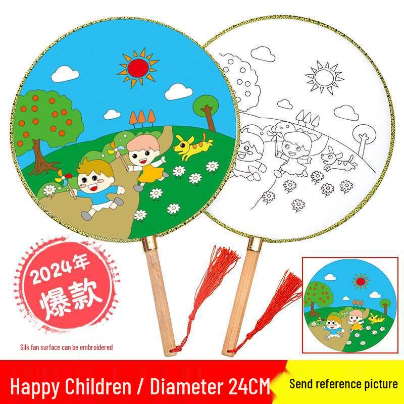 DIY Children's Silk Cloth Round Fan with Bamboo Handle - Palace Style Hand-Painted Kindergarten Craft