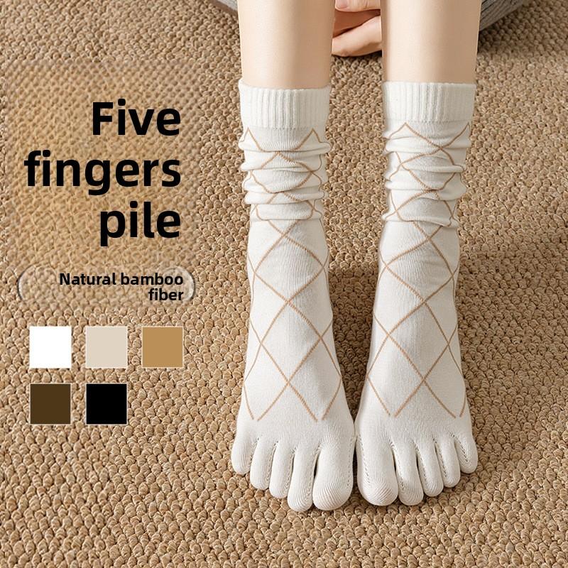 Female Autumn Diamond Lattice 10A Class Antibacterial Sweat Absorption Deodorizing Five Finger Tube Stack Socks