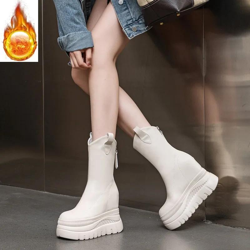 Fashion 12CM Microfiber Leather Women Vulcanized Increase Casual Ankle Boots Platform Wedge High Heels White Shoes ZIP Shoes