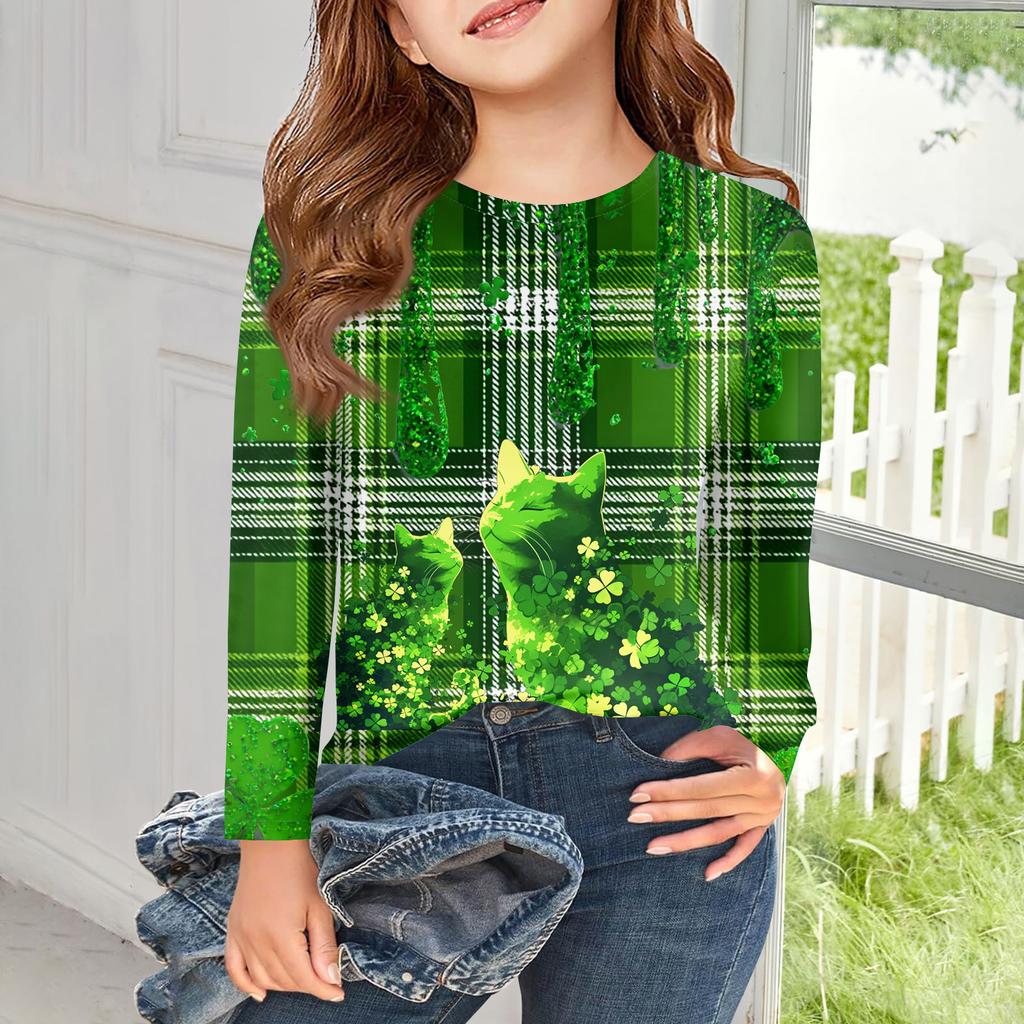 Girls Long Sleeve T Shirts Kids Fall Tops Crewneck Printed Basic Tees Saint Patrick's Day