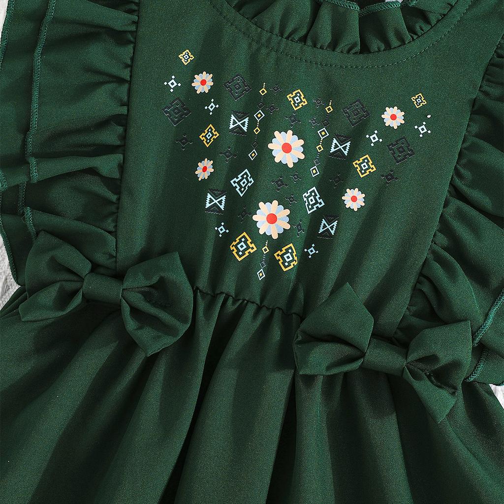 Baby Mädchen Neues Landhausstil Kleid Grün Ärmellos Rüsche + Blumenstickerei Schleife Prinzessinnenkleid
