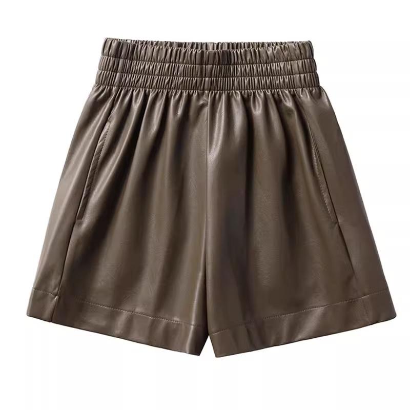 Dámské hnědé kožené šortky s vysokým pasem - Podzim/Zima 2023 Áčkový střih Slim Široké nohavice PU Móda.