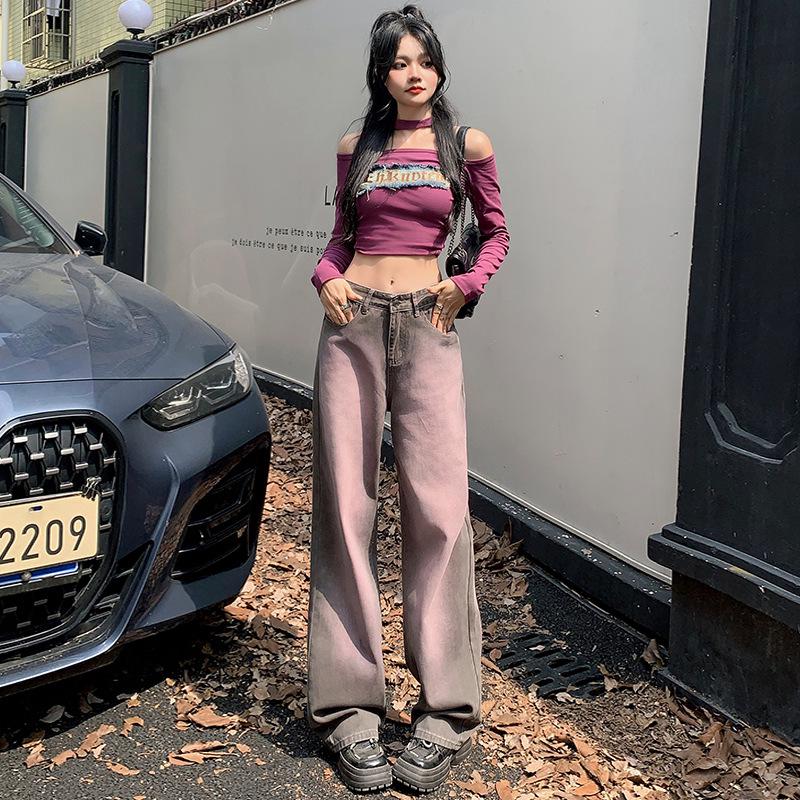 

Spicy Girl Gradient Purple Gray Women s Loose Denim Jeans - Floor-Length Slimming Pants for Spring and Autumn S