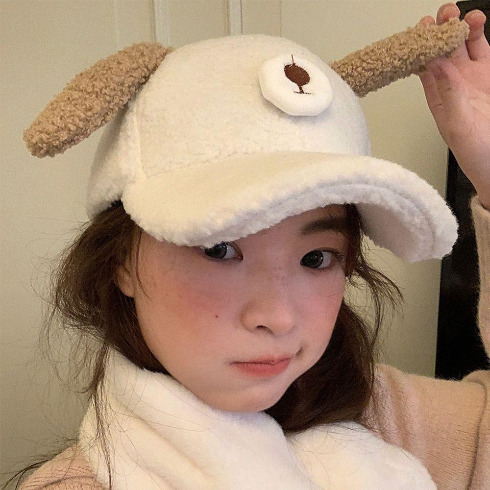 Doggie Ear Lamb Wool Baseball Cap Thicken Winter Peaked Cap Cute Puppy Baseball Hat Outdoor