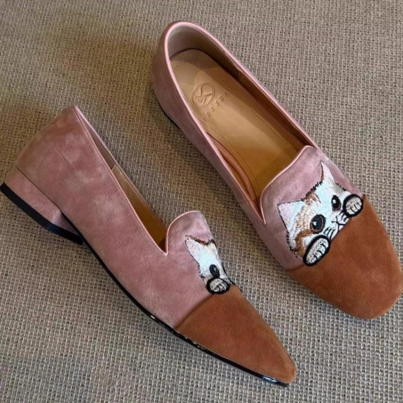 Spring New Flat Shoes for Women Square Head Shallow Mouth Suede Stitching Embroidery Soft Sole Non-slip Single Shoes
