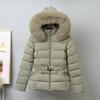 Hooded Collar Puffer Jacket Women Winter Large Fur Coat Women with Belt Warm Loose Parka Ladies Cotton Padded Overwear