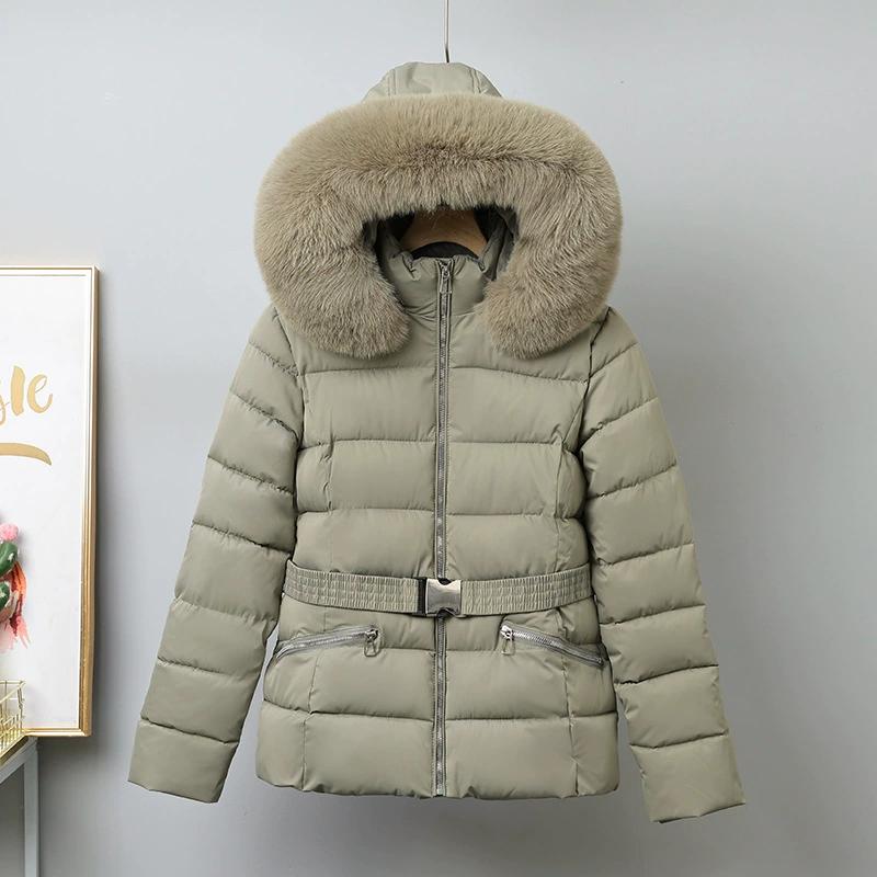 Hooded Collar Puffer Jacket Women Winter Large Fur Coat Women with Belt Warm Loose Parka Ladies Cotton Padded Overwear