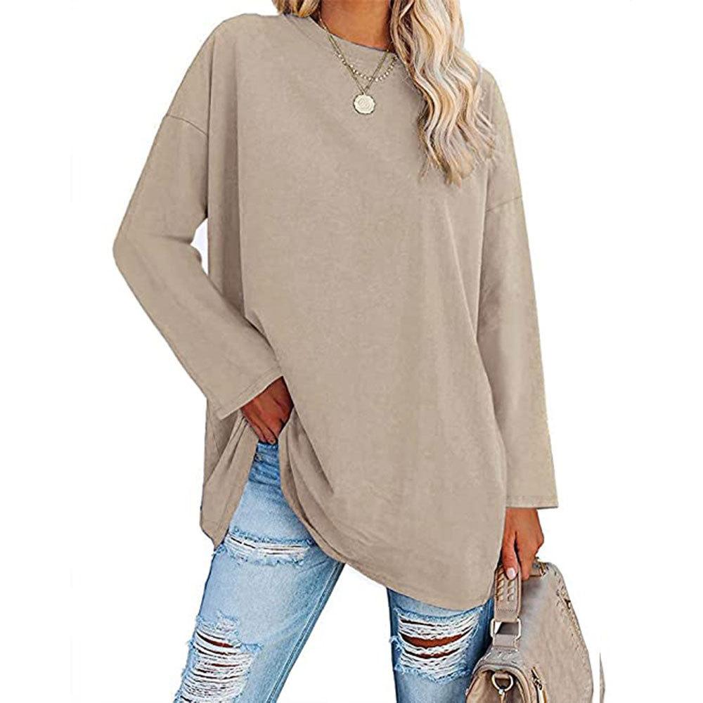 T-shirt Taglia Grande Monocolore, Top Casual a Maniche Lunghe Girocollo Primavera e Autunno, Abbigliamento Taglia Grande da Donna