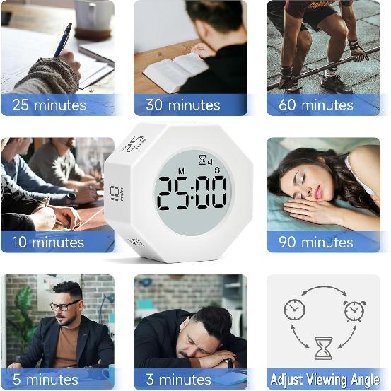 Pomodoro Timer with Clock,5, 25, 3,10,30,60,90 Minutes Preset, Desk Productivity Timer w/Gravity Sensor, Cube Timer for ADHD, Clock/Alarm Clock/Mute,