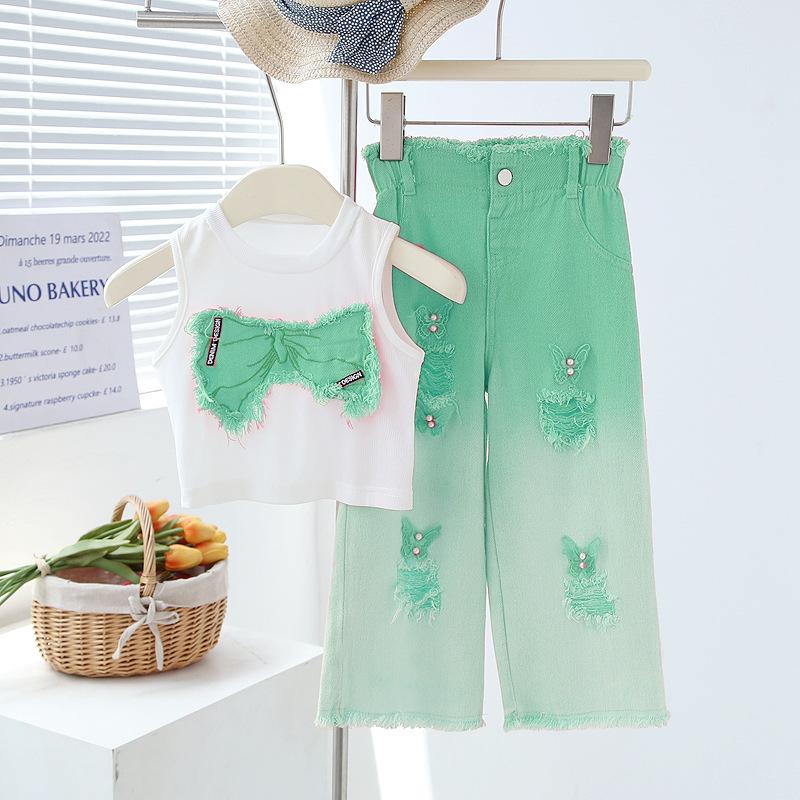Sommer Set für Mädchen: Rundhals-Ärmelloses Kurzarm-T-Shirt + Ausgefranste Jeans Zweiteiliges Set Outfit für ältere Mädchen