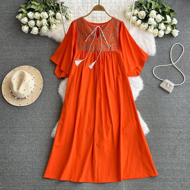 

Plus Size Women s Clothing 2024 New Arrival Summer Plus Size Ladies Loose Belly-Covering Slimming Embroidered Overknee Long A- line Dress Dark orange All yards