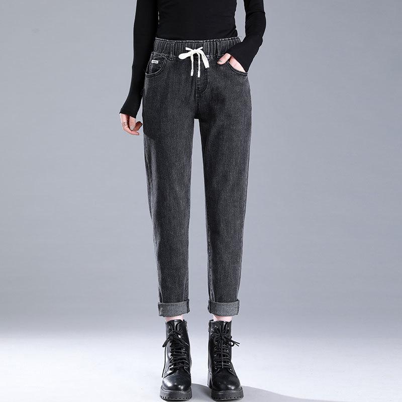 

2024 Осень/Зима Высокая Талия Теплые Свободные Шаровары Джинсы С Эластичным Поясом Для Женщин 32