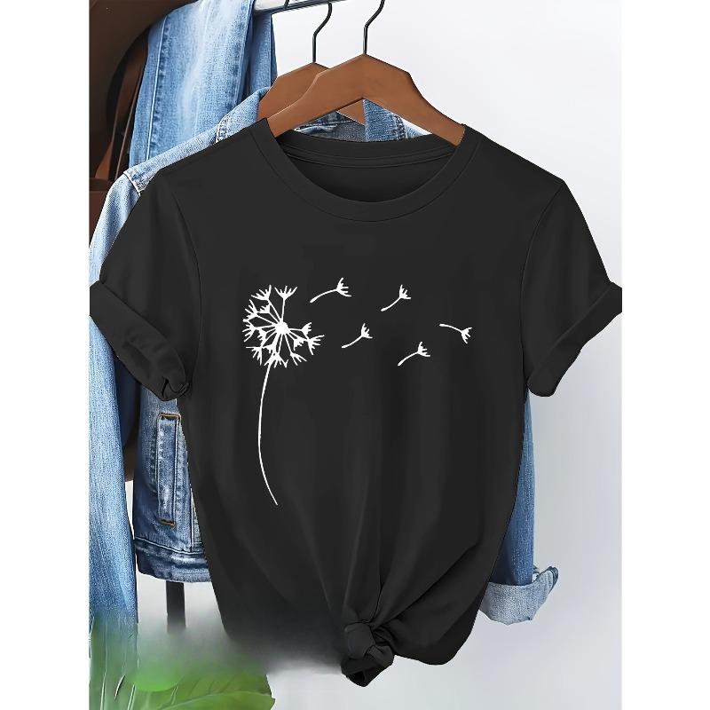 European sizes Women'S Short Sleeve T-Shirt with Elegant Dandelion Print - Lightweight Casual Top for Spring/Summer