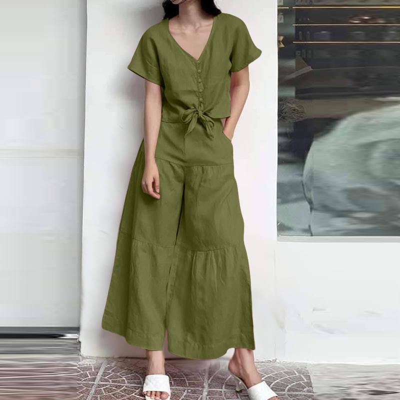 ZANZEA Women Short Sleeve Blouse and Wide Leg Pants Summer Two Piece Sets