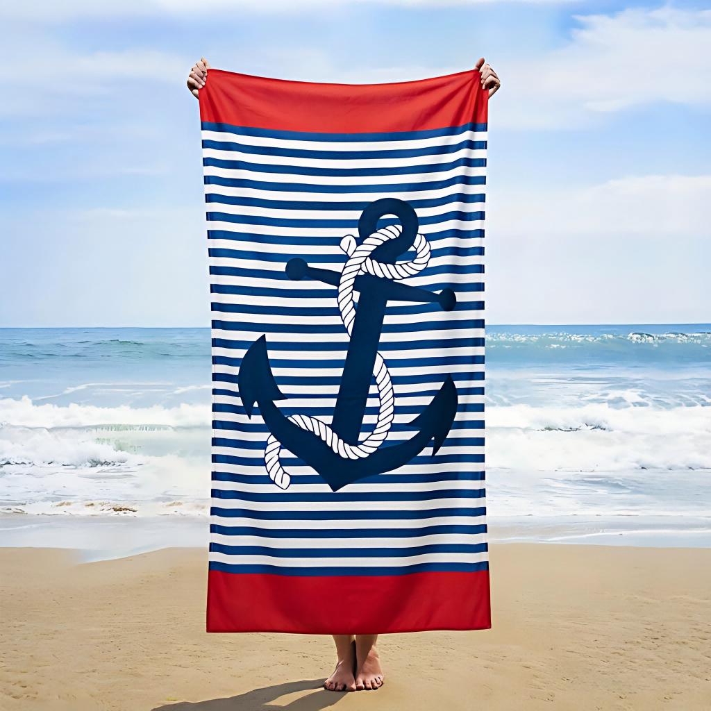Shanika Chen 1Pc Oversized Nautical Beach Towel, Anchor Rope Print, Quick-Dry Absorbent Seaside Pool Towel