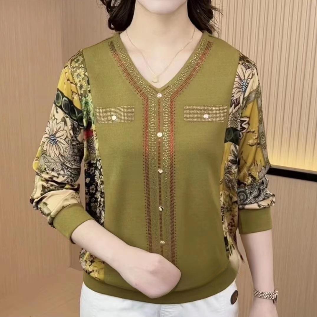 

Футболка с длинными рукавами для женщин с V-образным вырезом и гладкими бриллиантами, осенний новый стиль, наряд для мамы, свободный топ для похудения и живота для мамы среднего возраста 5XL