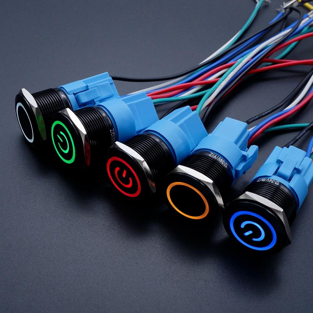 16/19/22mm Black Push Button Switch Waterproof Illuminated Metal Momentary Latching Fixed On Off Power Switch Backlit LED 3V 12V