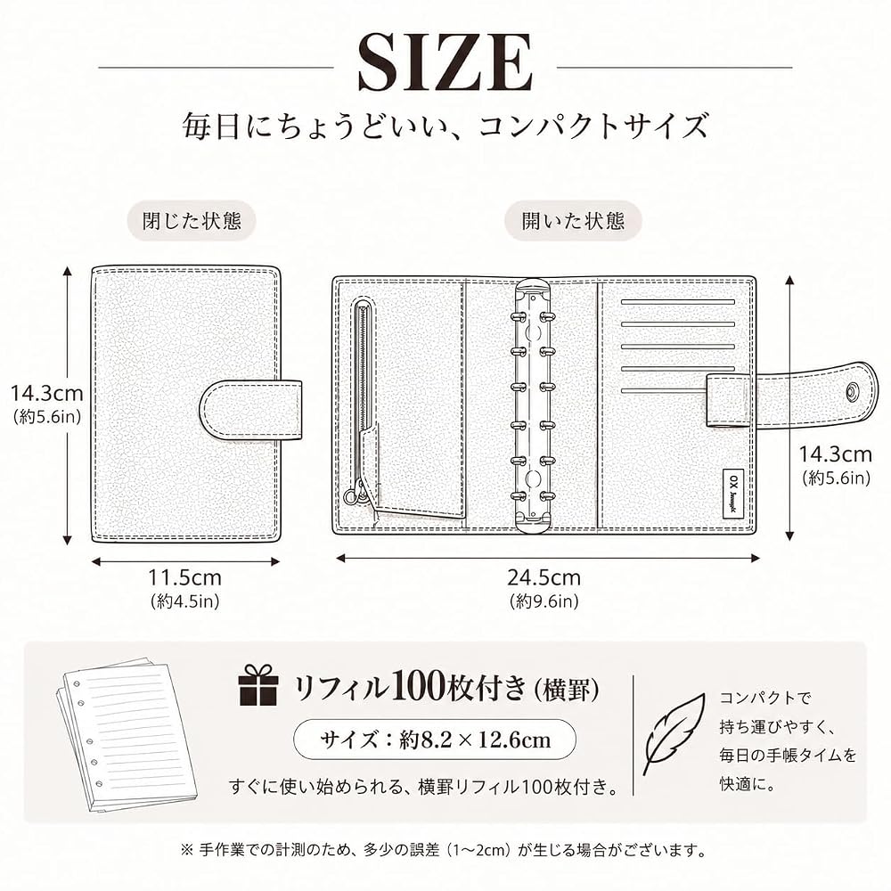 Mini 6-Ring System Planner, Genuine Leather, 6-Hole, 20mm Ring, Includes 100 Refill Sheets, Leather