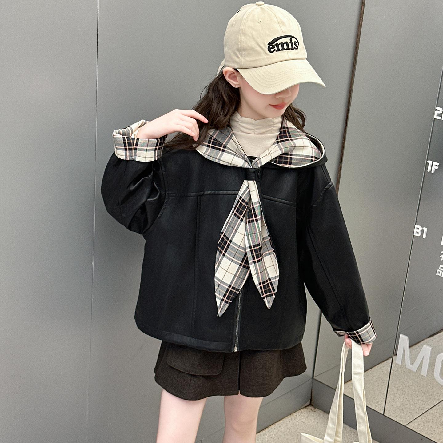 

Girls Fashionable Leather Jacket Coat for Spring and Autumn 2025 - Trendy Top for Big Girls 160 cm чорний