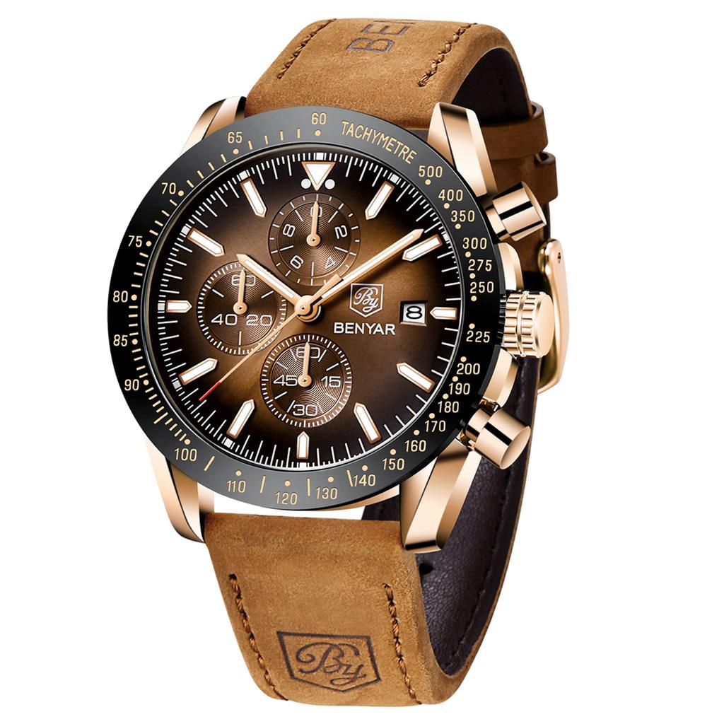 BY BENYAR Chronograph Analog 30M Water Leather Strap Quartz Brown Gift for Men Men's Watch, Resistant, Simple, Stylish, Popular, Formal, Movement,