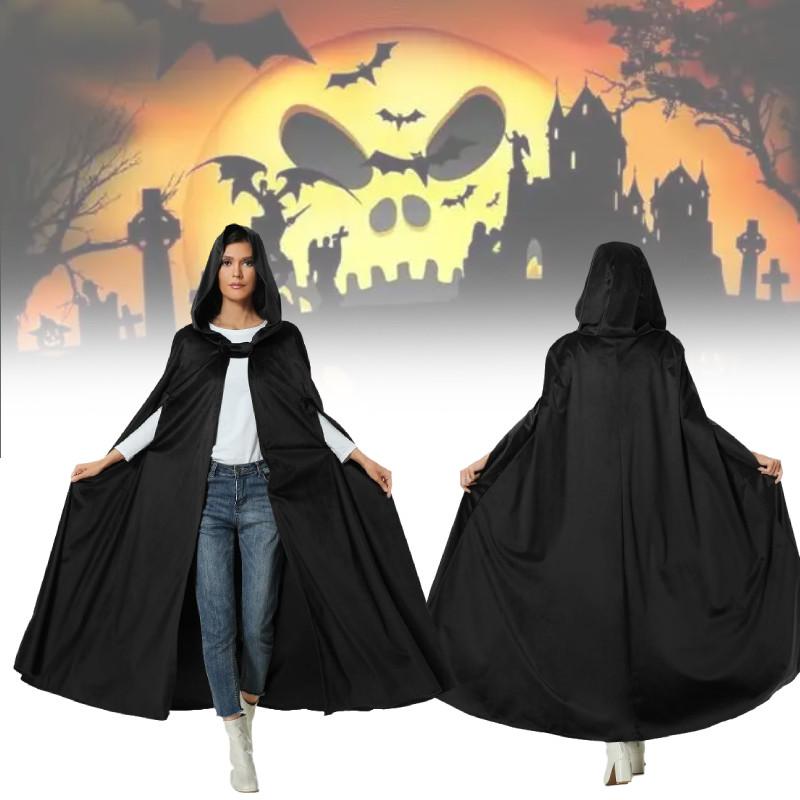 Halloween Long Hooded Cloak Cape Vampire Witch Black Spooky Fancy Unisex Outfit