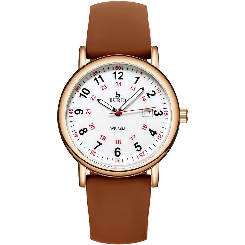 BUREI Women s Analog Quartz Watch Waterproof 24-Hour Display Silicone Band Simple Elegant Business Gold