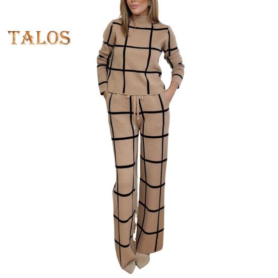 2 pezzi/set pantaloni da donna, top e pantaloni, colletto alto, stampa scozzese, maniche lunghe, camicetta ampia, pantaloni larghi a vita alta elastici con tasche, OL