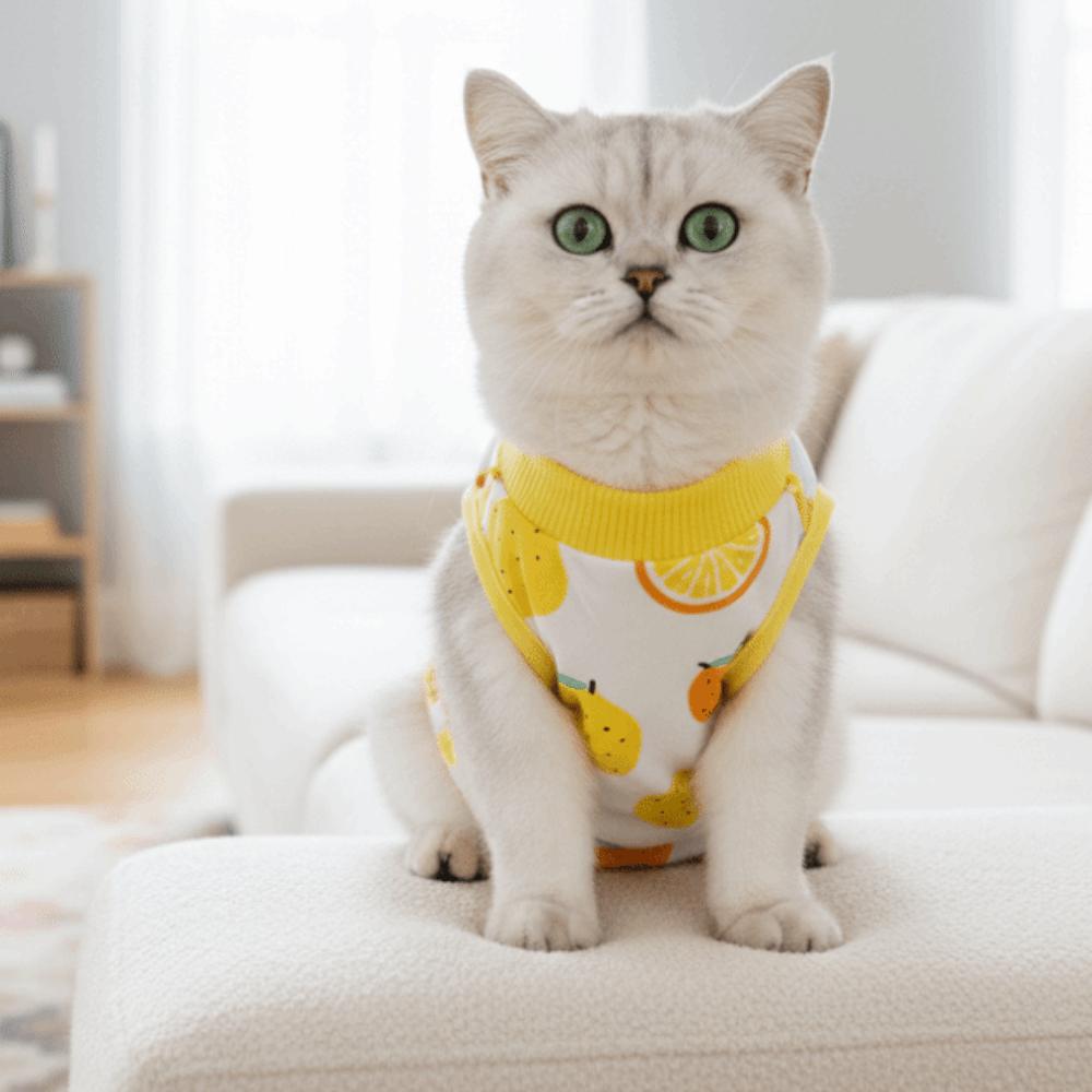 Katzen Erholungskleidung mit Fruchtmuster, Atmungsaktiv, Hohe Elastizität, Haustier Anti-Leck-Weste, Weicher Bequemer Kater Kastrationsanzug
