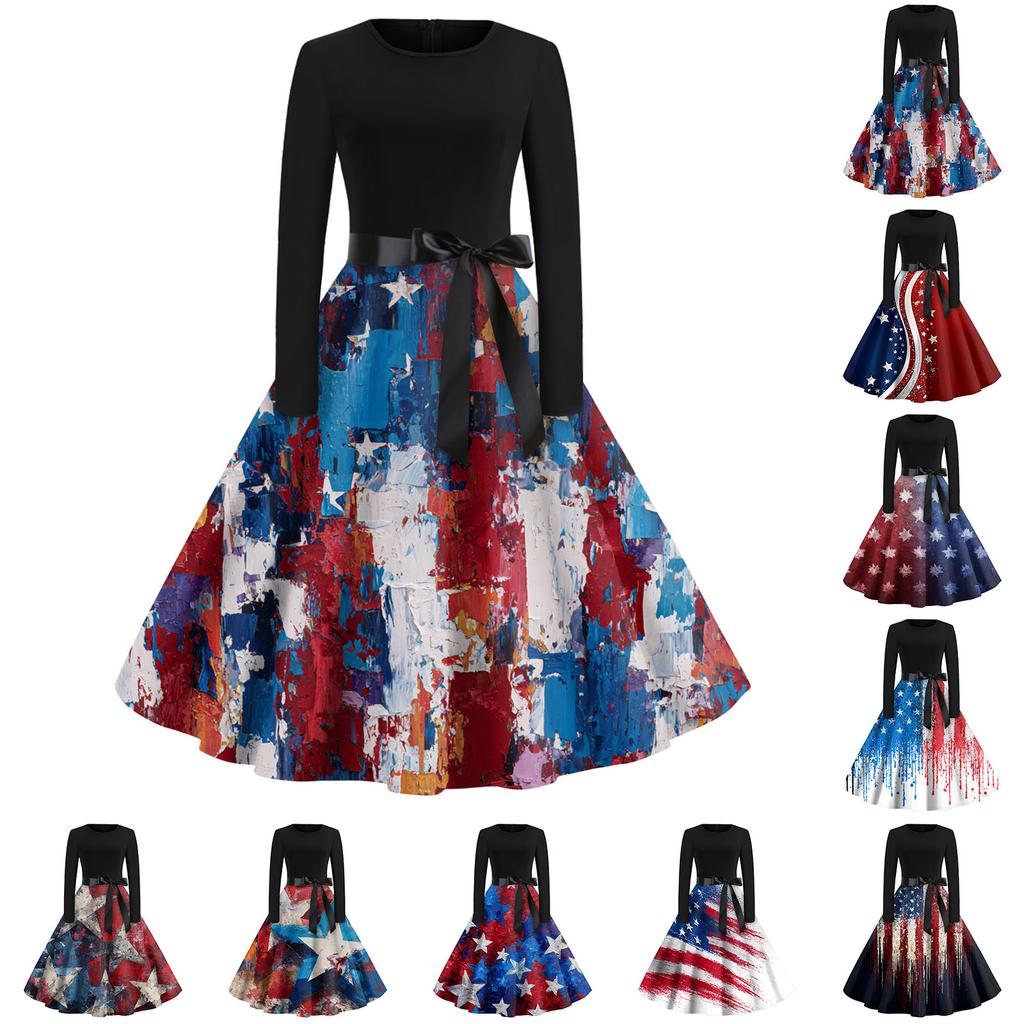 Women's Casual Fashion Round Neck Independence Day Print Retro Dress