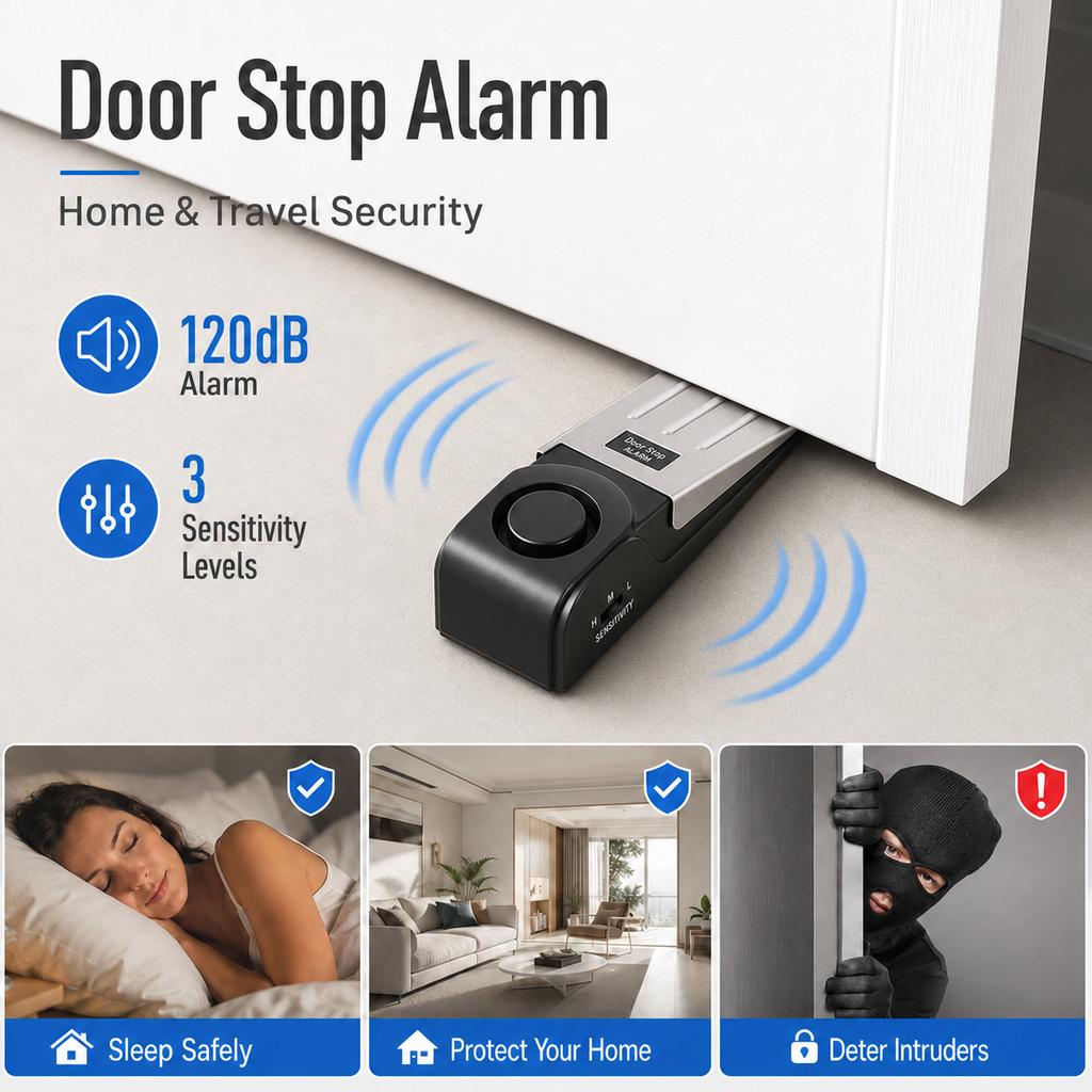 120dB Electronic Door Stop Alarm Portable Door Wedge Security Alarm Adjustable Sensitivity Home Hotel Travel Anti Theft Door Sto