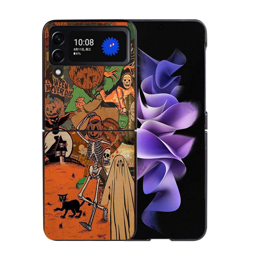 Halloween Herbst Kunst Hexe Katze Handyhülle Für Samsung Z Flip 7 6 5G Galaxy Z Flip4 Z Flip5 Z Flip3 Hülle Schwarze Harte PC Schale Prote