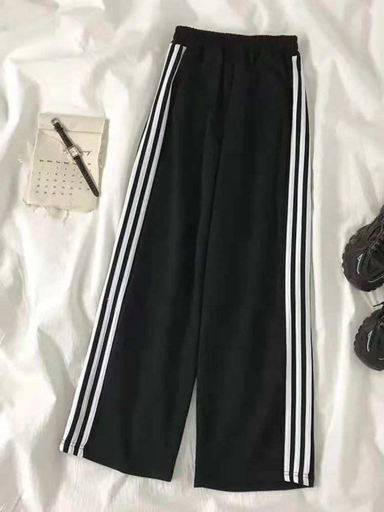 

4Xl корейские женские полосатые спортивные брюки большого размера с высокой талией в стиле Харадзюку, серые брюки, модные свободные женские повседневные широкие брюки XL чёрный