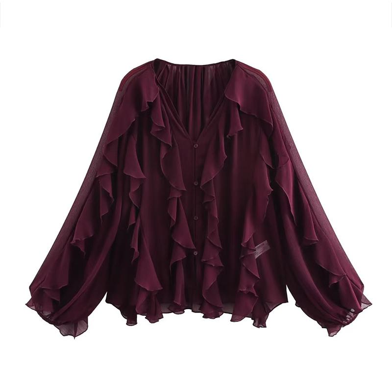 

Fashion Women s Ruffles Shirts Loose Sexy V-neck Single Breasted Lantern Sleeve Blouse 2026 Spring Summer Lady Street Solid Color Tops XS фиолетовый