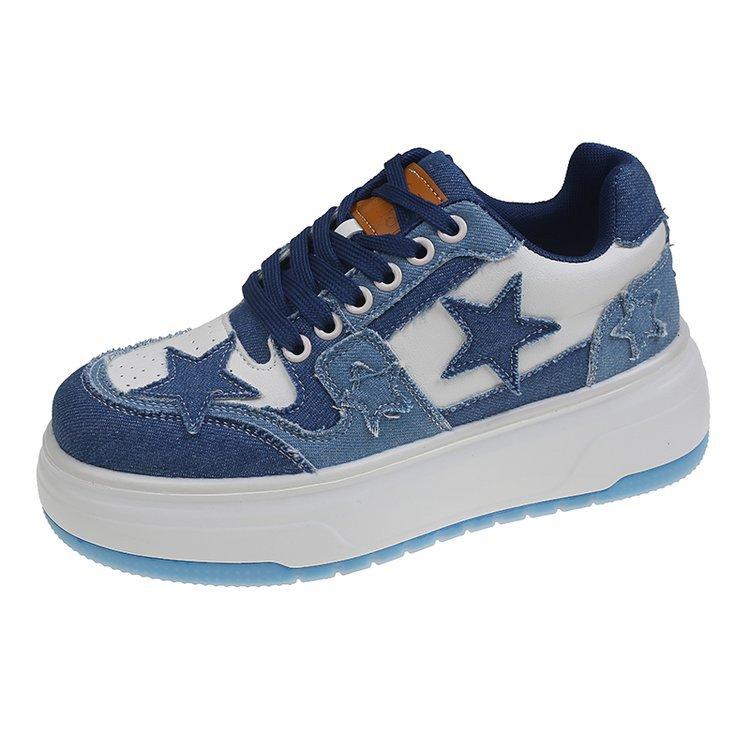 Leather platform versatile white shoes women's spring and autumn 2025 new denim blue star versatile casual skateboard shoes