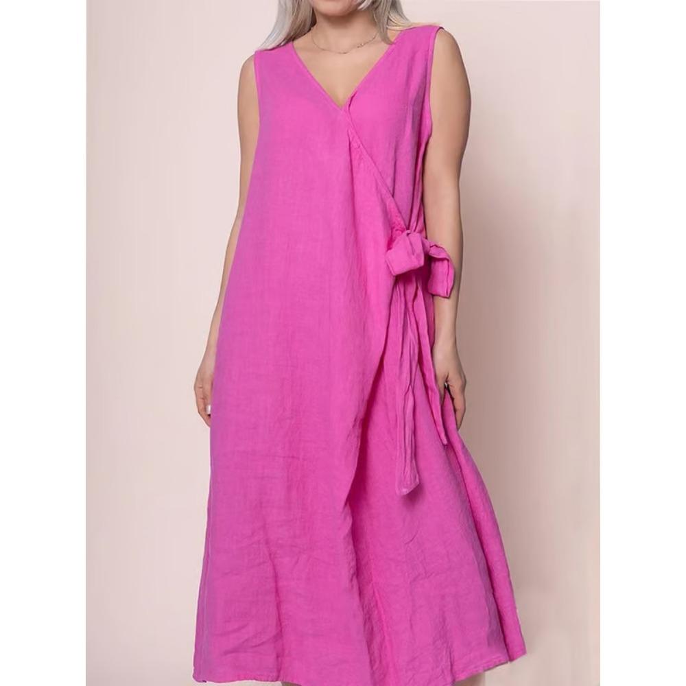 New Solid-color V-neck Side-tied Sleeveless Long Dress for Women