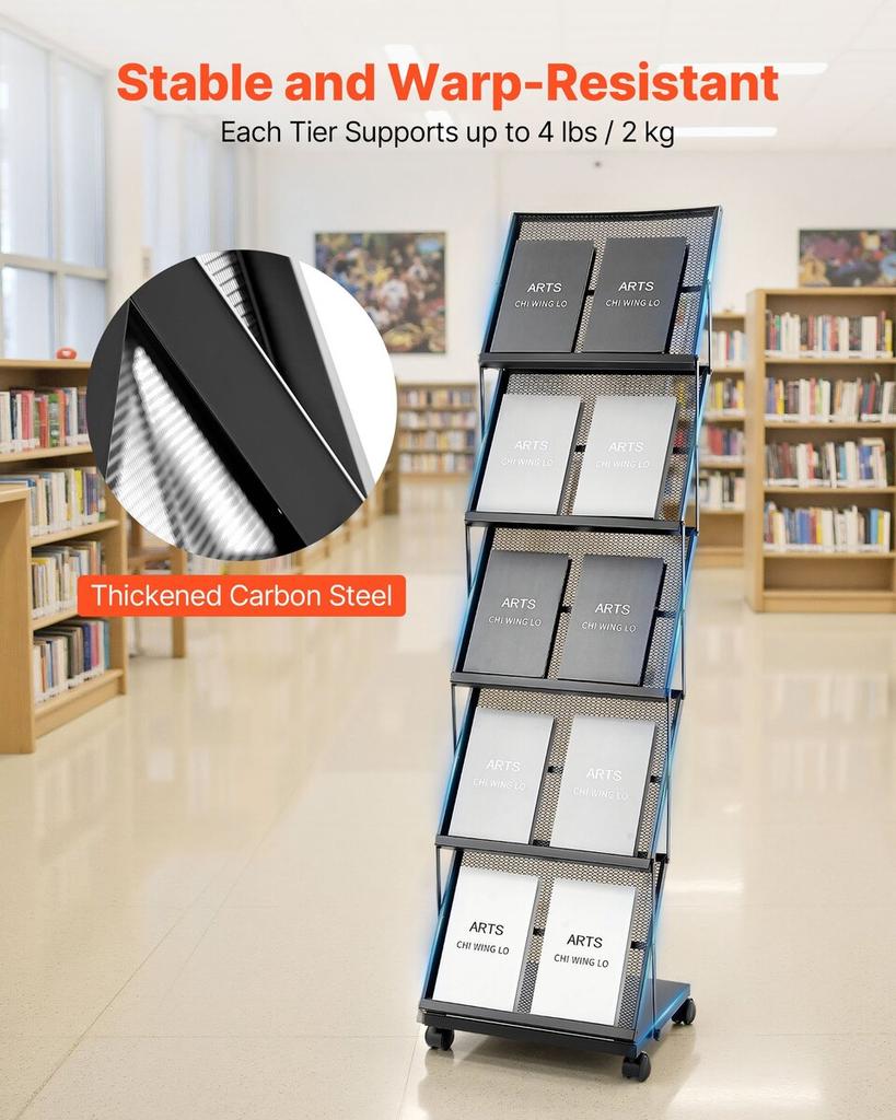 Brochure Display Rack, Foldable 5 Pockets Magazine Literature Display Stand, Movable Floor Standing Magazine Rack with Wheels, Metal Newspaper Catalog