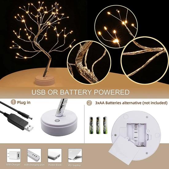 Desk Tree Fairy LED Lights for Home, Bedroom, Indoor, Wedding Party, Decoration Touch Switch Battery Powered or USB Adapter