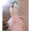 Pink banquet evening dress 1011 new French art exam host long dress bubble sleeves elegant dress