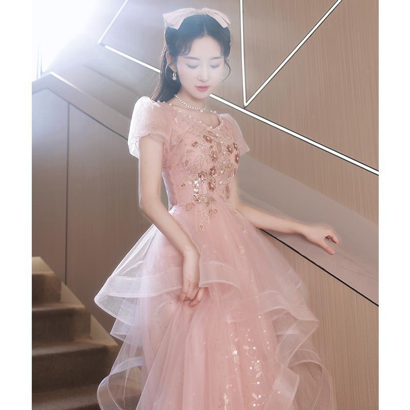 Pink banquet evening dress 1011 new French art exam host long dress bubble sleeves elegant dress