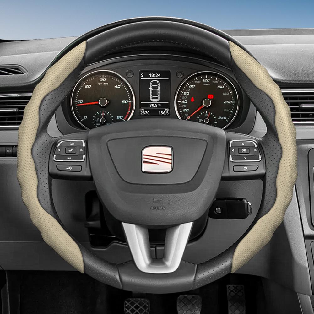 Suitable for Seat Steering Wheel Cover, Wave-Shaped Sporty Design, Breathable Leather, Segmented Anti-Slip Sweat-Absorbing Protective