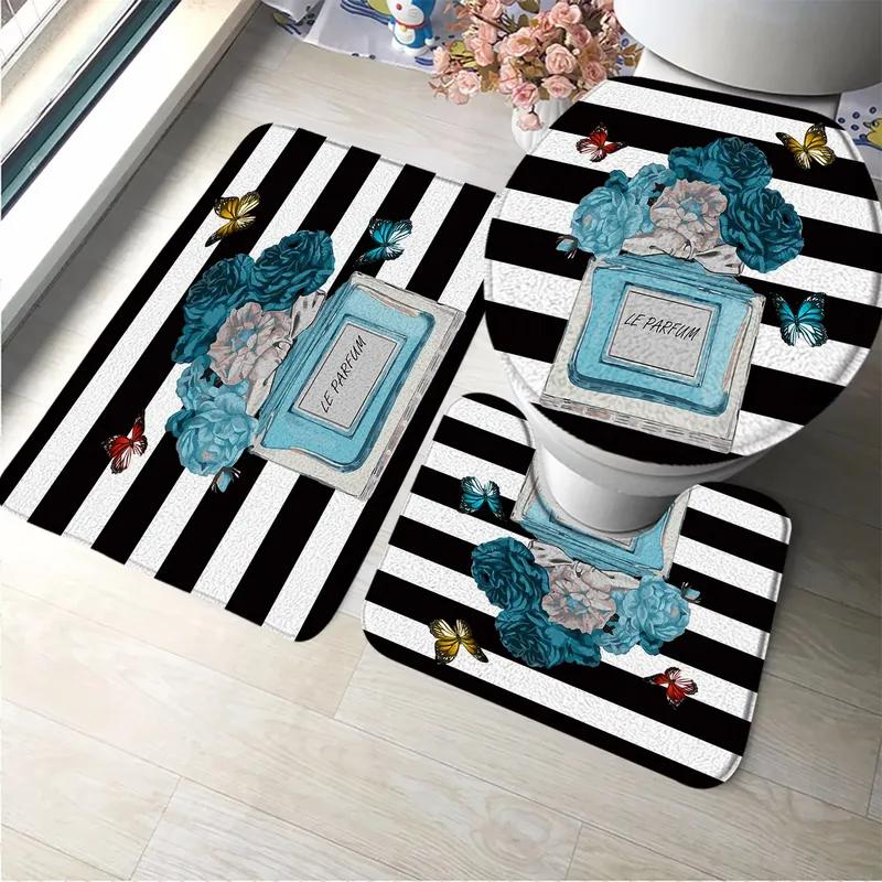 3pcs Set Perfume Flower Butterfly Bath Mat Bathroom Rugs Anti Slip Black White Stripes Bathtub Side Mats Doormat Carpet Decor