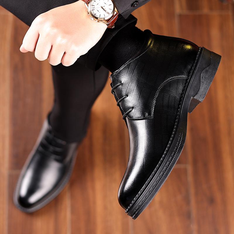 Men's leather shoes winter velvet snow boots British style casual thickened warm high-top cotton leather shoes men